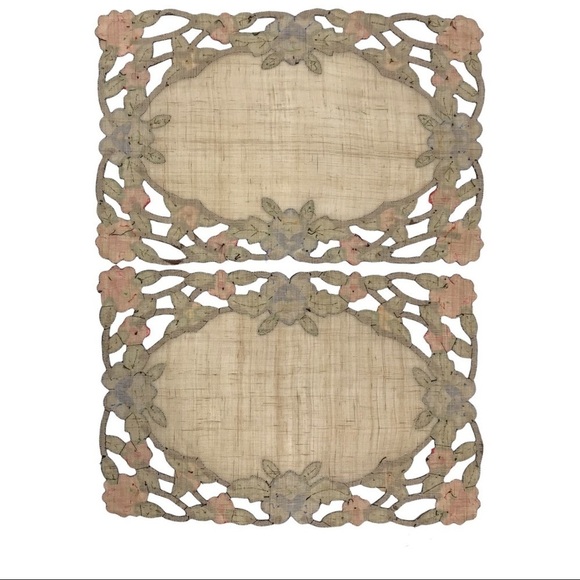 Vintage 9 PC Set Floral Hand Embroidered Scalloped Linen Table Runner Place Mats - Picture 7 of 16